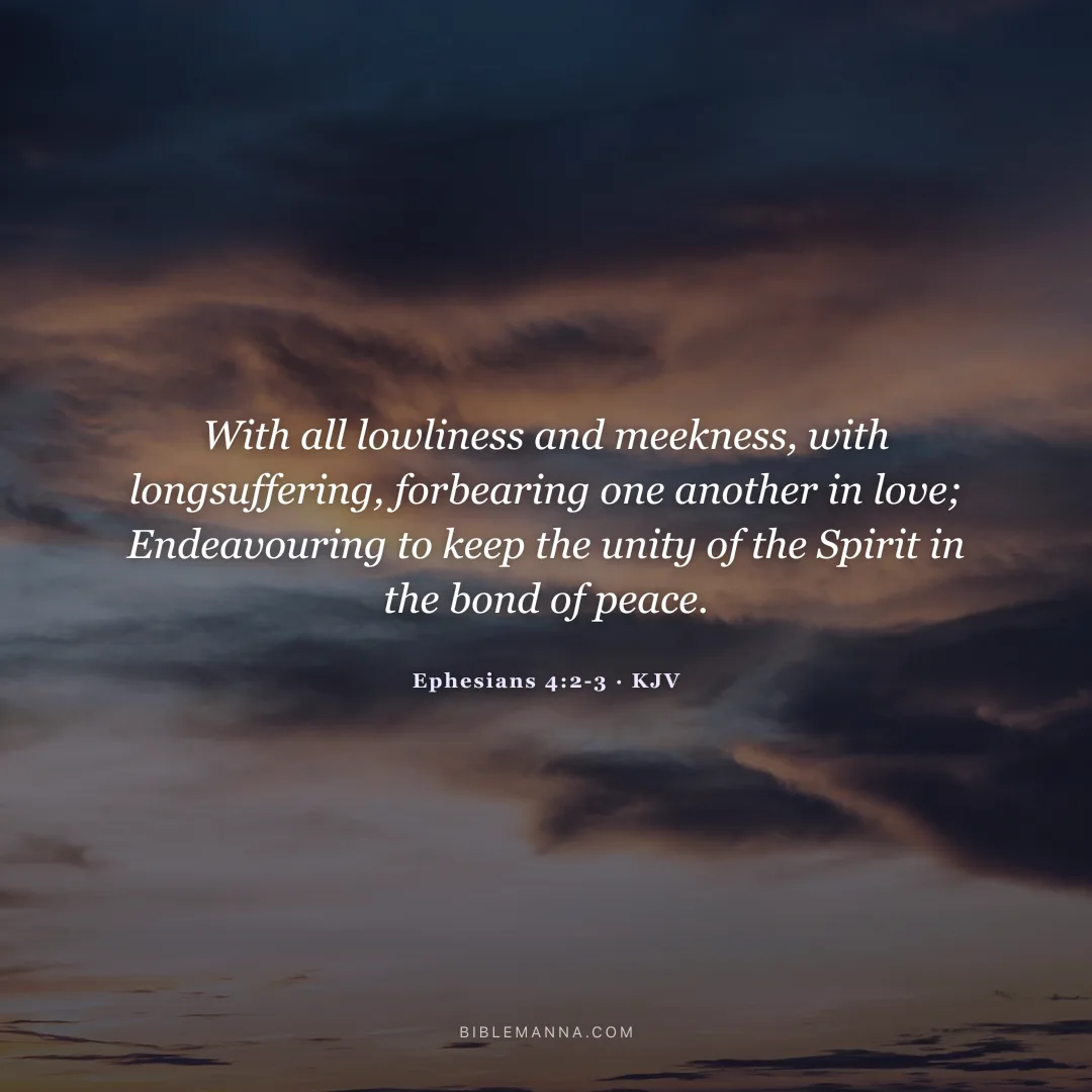"With all lowliness and meekness, with longsuffering, forbearing one another in love; Endeavouring to keep the unity of the Spirit in the bond of peace." - Ephesians 4:2-3 (KJV)