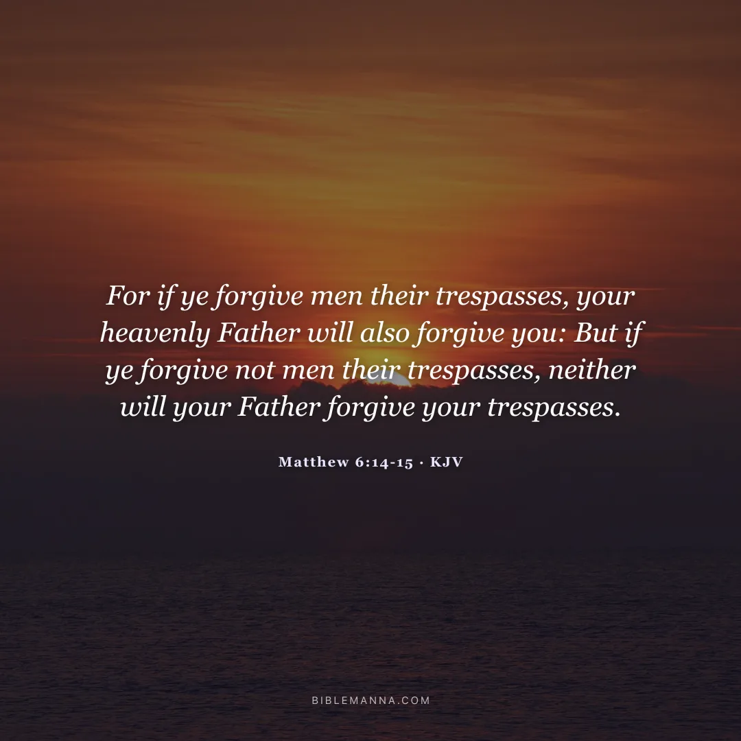 "For if ye forgive men their trespasses, your heavenly Father will also forgive you: But if ye forgive not men their trespasses, neither will your Father forgive your trespasses." - Matthew 6:14-15 (KJV)
