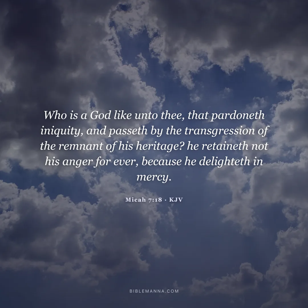 "Who is a God like unto thee, that pardoneth iniquity, and passeth by the transgression of the remnant of his heritage? he retaineth not his anger for ever, because he delighteth in mercy." - Micah 7:18 (KJV)